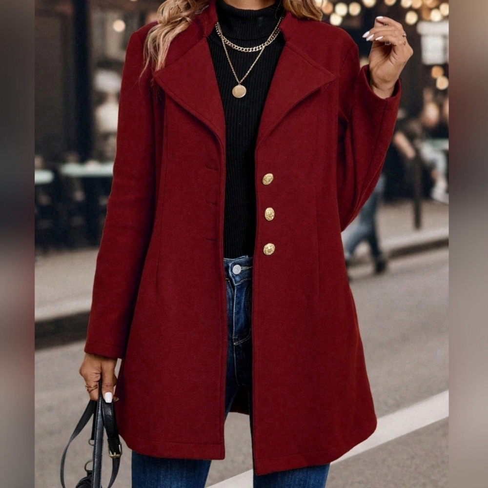 Solid Color Woolen Coat With Single Breasted Button - Picture 2 of 4